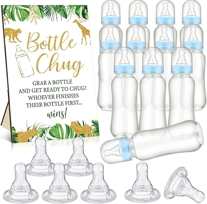 TrelaCo Safari Cool Baby Shower Games Bottle Chug Sign Wooden Jungle Animals Theme Gift Sets Gender Reveal Party Favors and 12 Pcs Baby Bottle Shower Favor for Games Gender Reveal