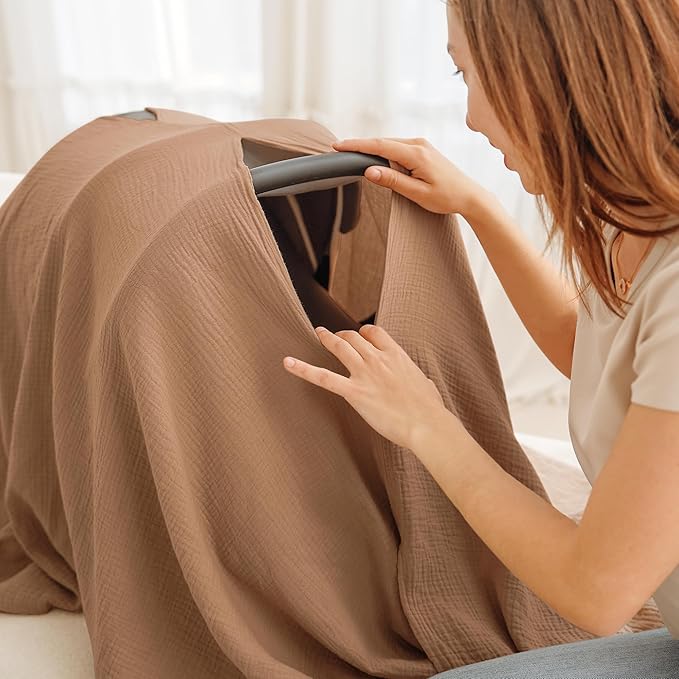 Konssy Muslin Nursing Cover for Breastfeeding, 360° Full Privacy Breathable 100% Cotton Breastfeeding Cover, Multi-use Carseat Canopy(Brown)