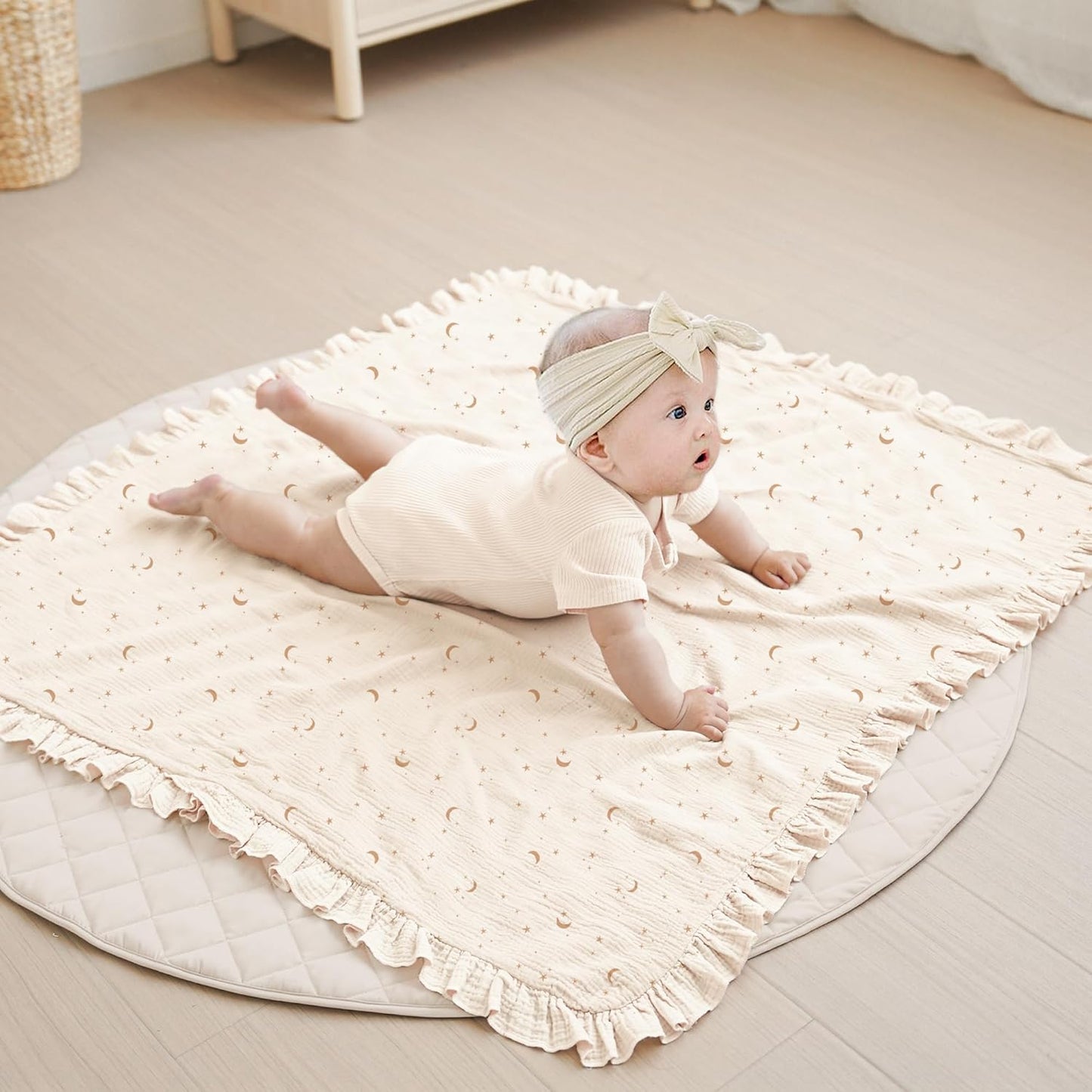 Konssy Flounce Muslin Baby Blankets, Cotton Crib Blanket for Baby Infant Toddler, Super Soft and Lightweight Nursery Blankets 40"x36" (Moon)