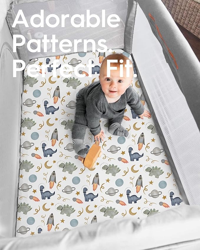 Graco Pack and Play Sheets Fitted, TotBasic Ultra Soft Mini Crib Sheets Boy, Neutral Pack N Play Mattress Sheets Hypoallergenic and Soothing, Premium Jersey Playrad Sheets, 2 Pack (Dino Space)