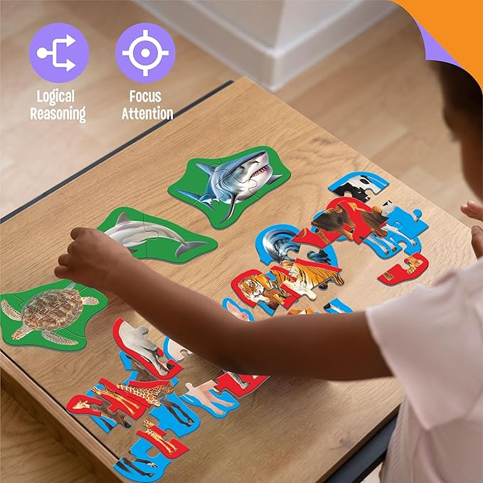 12 Pack Animal Puzzles, 48 Pieces Step-by-Step Farm/Marine/Safari Animal Jigsaws, Realistic Animal Jigsaw Puzzles with Name Guide Early Learning for Beginner Preschool Toddlers 3+ Years Old