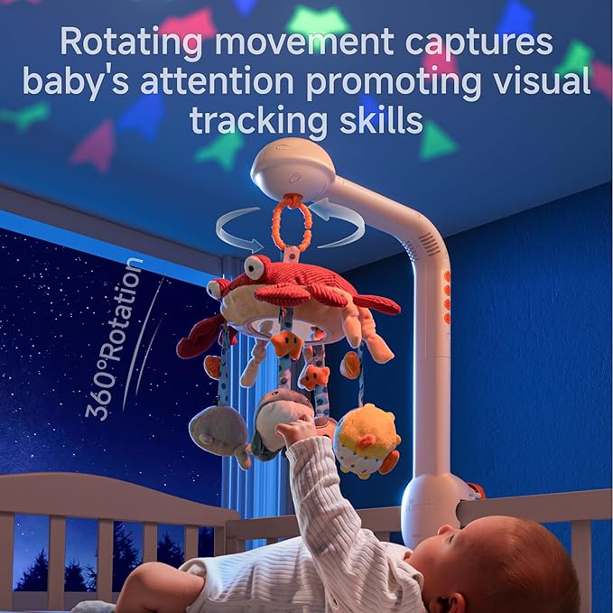 Tumama Baby Crib Mobile with Projection Night Light, Music and White Noise, Soft Plush Mirror Hanging Toys, Mute Spin Motor Nursery Toys for Infant 0-3, 6-9 Month Newborn Xmas Gift (Crab)