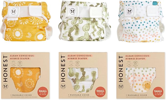 Super Boosties 96ct + Honest Hybrid Cloth Diaper Cover with Pocket-Sling, Small (8-15 lbs), Stops Nighttime Leaks, Boosties Disposable Diaper Inserts, Honest Cotton Muslin Covers, 3 Pack