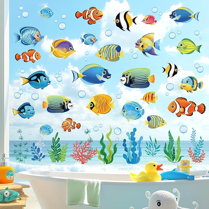 decalmile Summer Under The Sea Fish Double Sided Window Clings Ocean Animal Tropical Fish Seaweed Anti-Collision Glass Doors Window Stickers Decals