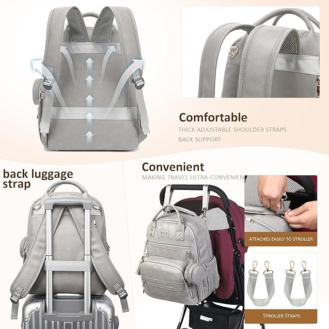 Premium Vegan Leather Diaper Bag Backpack with Waterproof Changing Pad, Reinforced Zippers & Odor-Free, 20 Pockets Pro Organizer, Fits 15.6" Laptop, Stroller Straps, Baby Bag for Mom, Grey