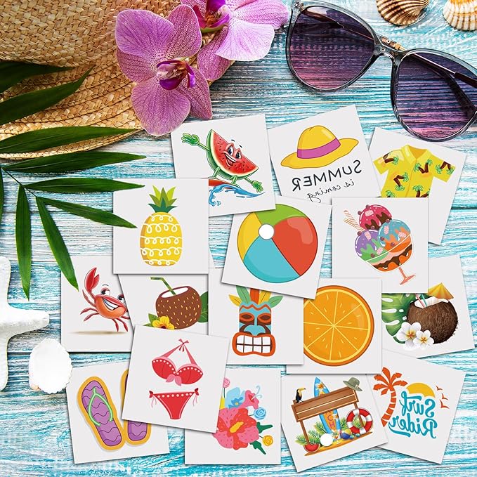 JCFIRE Summer Pool Beach Party Favors Kids Tattoos, 102 Styles Larger Tropical Hawaiian Luau Themed Temporary Tattoos for Kids Teens Adult, Waterproof Summer Stickers Party Decorations Supplies