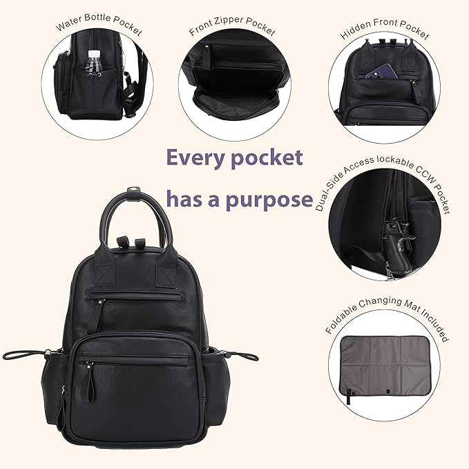 JESSIE & JAMES Saturday EDC Diaper Bag Backpack Multi Function Diaper Bag with Changing Pad & Stroller Straps_Black