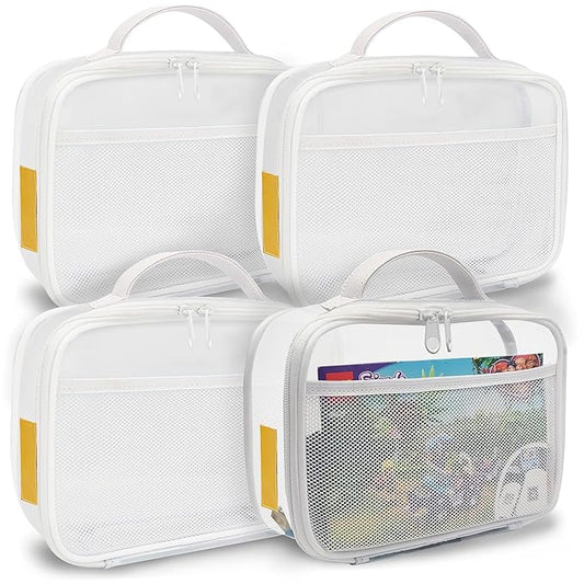 holay 4 Packs PVC Zippered Blocks Set, Toy, Clay, Board game Storage Organizer Case (Name Tag, Manual Pocket) (White, Small)