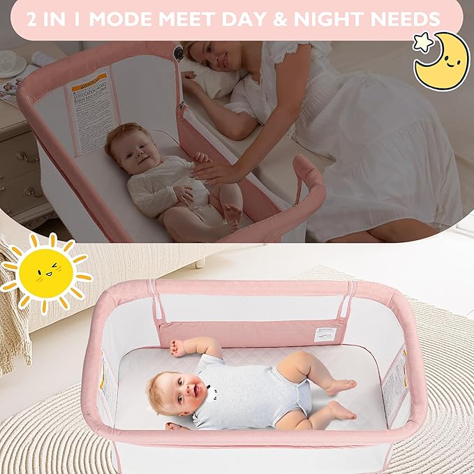 Baby Bassinet Bedside Sleeper, 2 in 1 Folding Portable Newborn Bedside Sleeper, All-Sided Mesh Infant Travel Crib for Toddlers, 6 Adjustable Height, with 4 Wheels, Grey