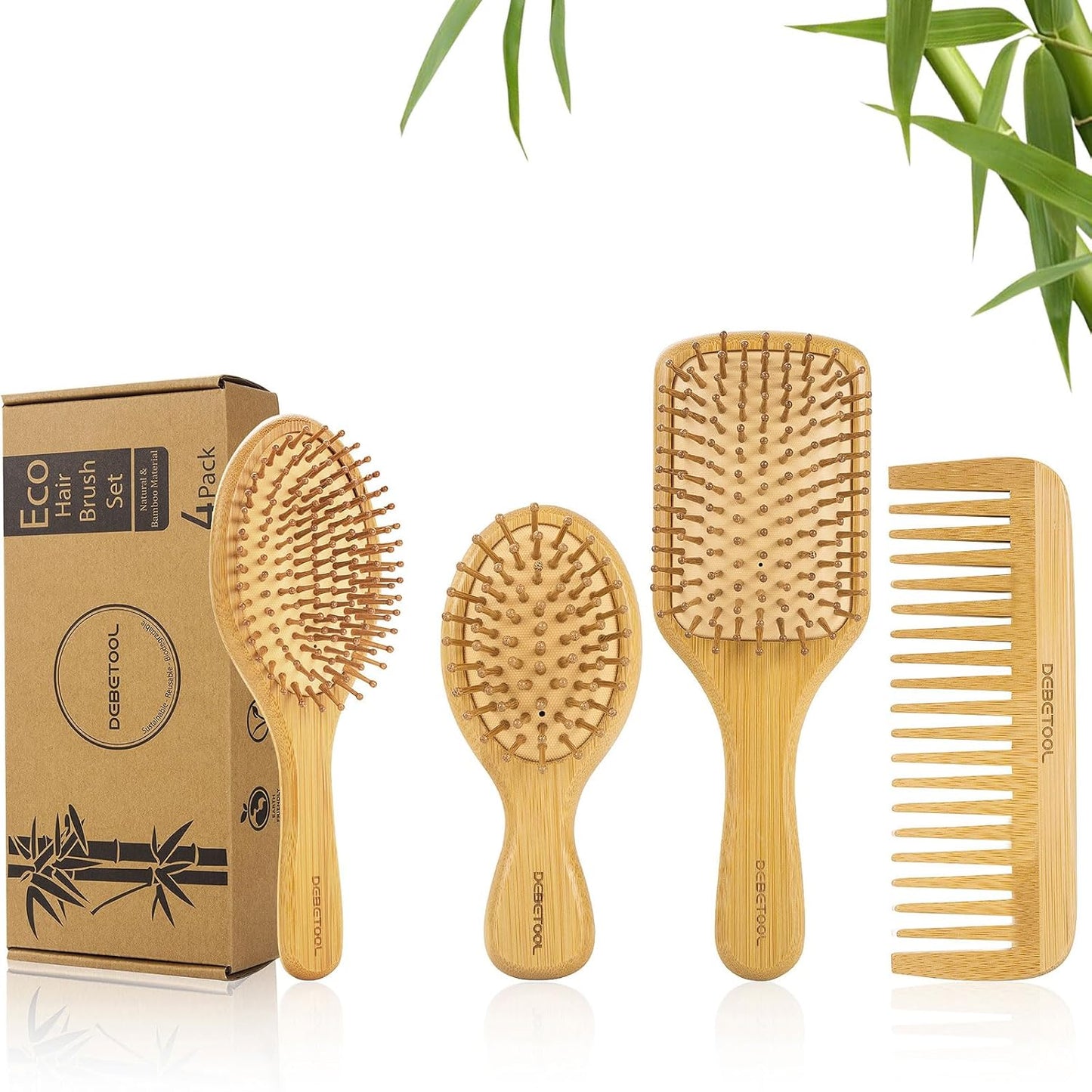 Bamboo Hair Brush Set, Natural Wooden Bamboo Comb Paddle Detangling Hairbrush for Hair Growth - Wide-tooth and Tail Comb Suitable for Thick/Thin/Curly/Dry Hair