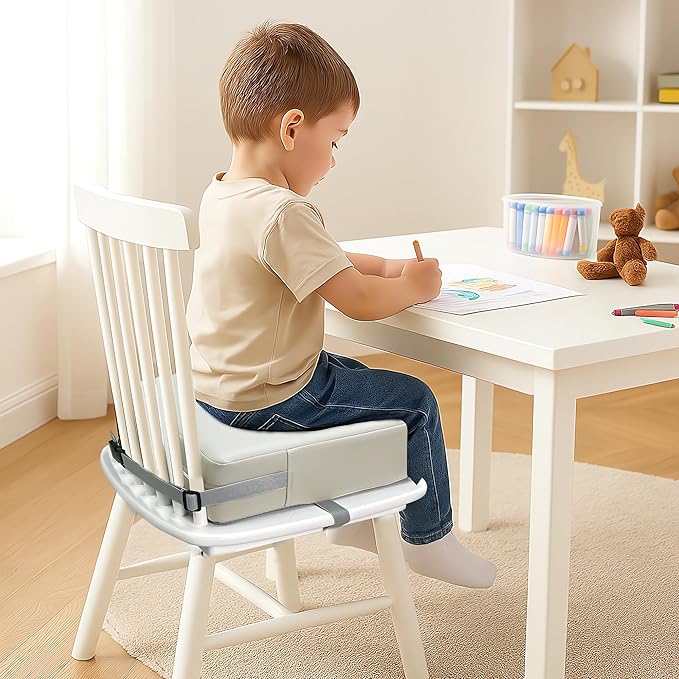 Toddler Booster Seat for Dining Table, 2 Elastic Seat Belts, Anti Scratch PU Skin-Friendly, Waterproof, Anti-Wrinkle, Detachable Non-Slip Bottom - Light Gray