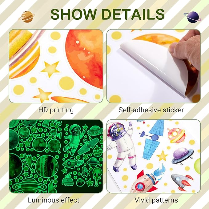 Watercolor Solar System Wall Decals, Glow in The Dark Stars, Kids Planets Sticker for Ceiling, Astronaut Wall Stickers for Bedroom, Green