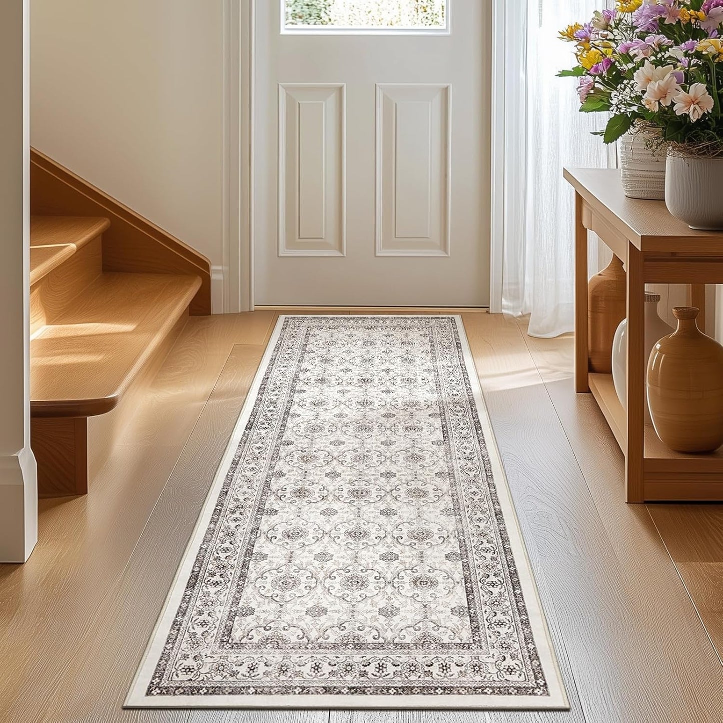 jinchan Floral Runner Rug 2x5 - Machine Washable Beige Vintage Distressed Design Soft Non-Slip Low-Pile Ultra-Thin Runner Rug for Kitchen Hallway Laundry Room Entryway Farmhouse (2‘x5',Beige)