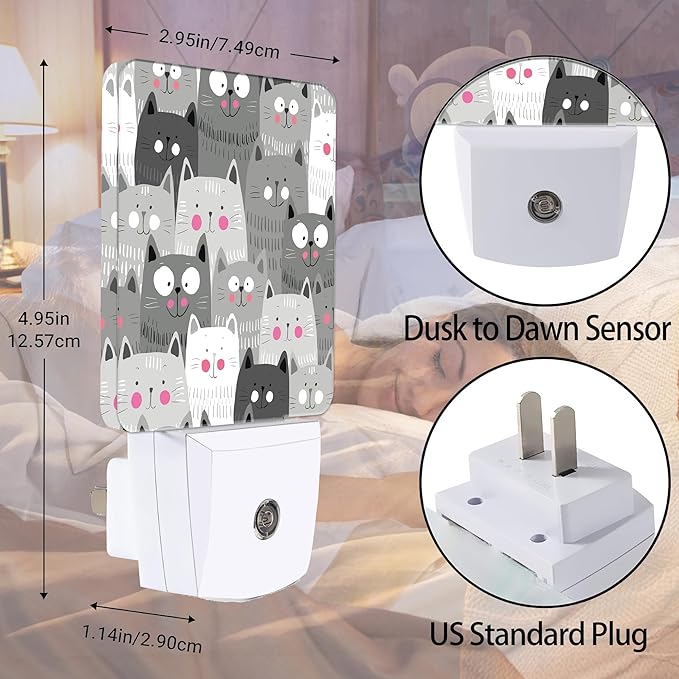 Gray Cartoon Cat Night Light Plug in Wall Lamp Smart Dusk to Dawn Sensor for Home Decorative, Kids Room Bedroom Bathroom Kitchen Hallway Gifts