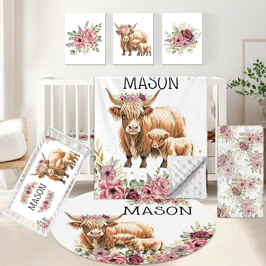 Personalized Baby Bedding Set, 5 Pcs Custom Baby Crib Set with Name, Soft Flannel Highland Cow Crib Bedding Set for Girls, Double Layer Nursery Bedding Set, New Parents Toddlers Infants Gift