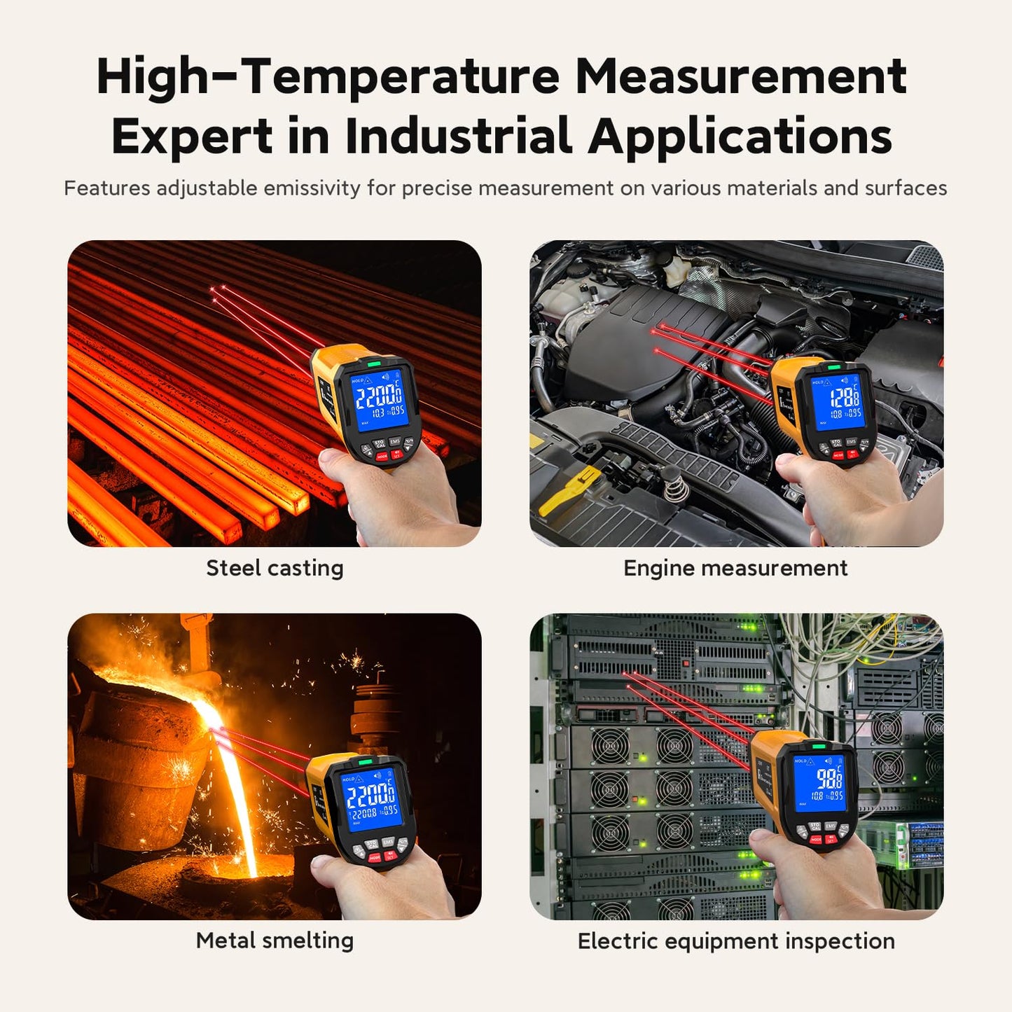 Industrial Infrared Thermometer Gun, 50:1 D:S Ratio, -58°F-3992°F, Triple Laser, High Precision Temp Gun for Kiln, Engine, HVAC, BBQ, Industrial Inspection