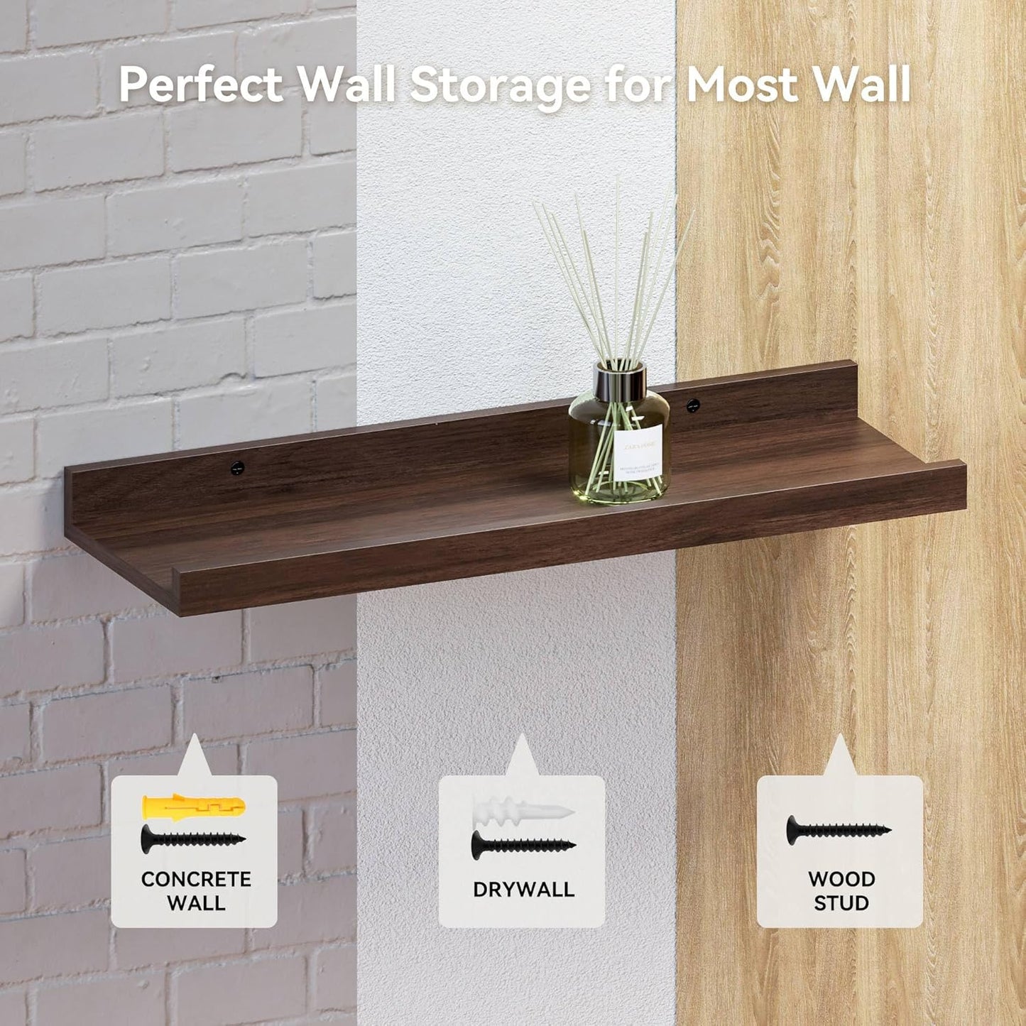 55.1 Inches Long Floating Shelves, 2 Set Rustic Wall Shelf for Bedroom, Nursery Book Shelf with Lip, Picture Ledge Shelf for Living Room, Bathroom, Kitchen - Walnut