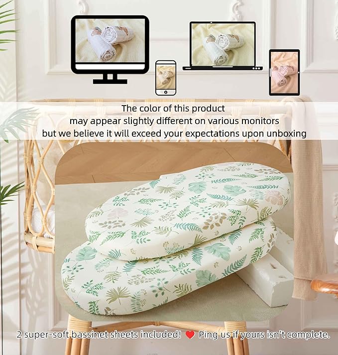 SDY 2PK Bassinet Sheets Girls Boys,Soft Microfiber Jersey Baby Bassinet Bedding 32"x16" x4" Fit Hourglass Oval Rectangle Mattress (Natural Leaves)