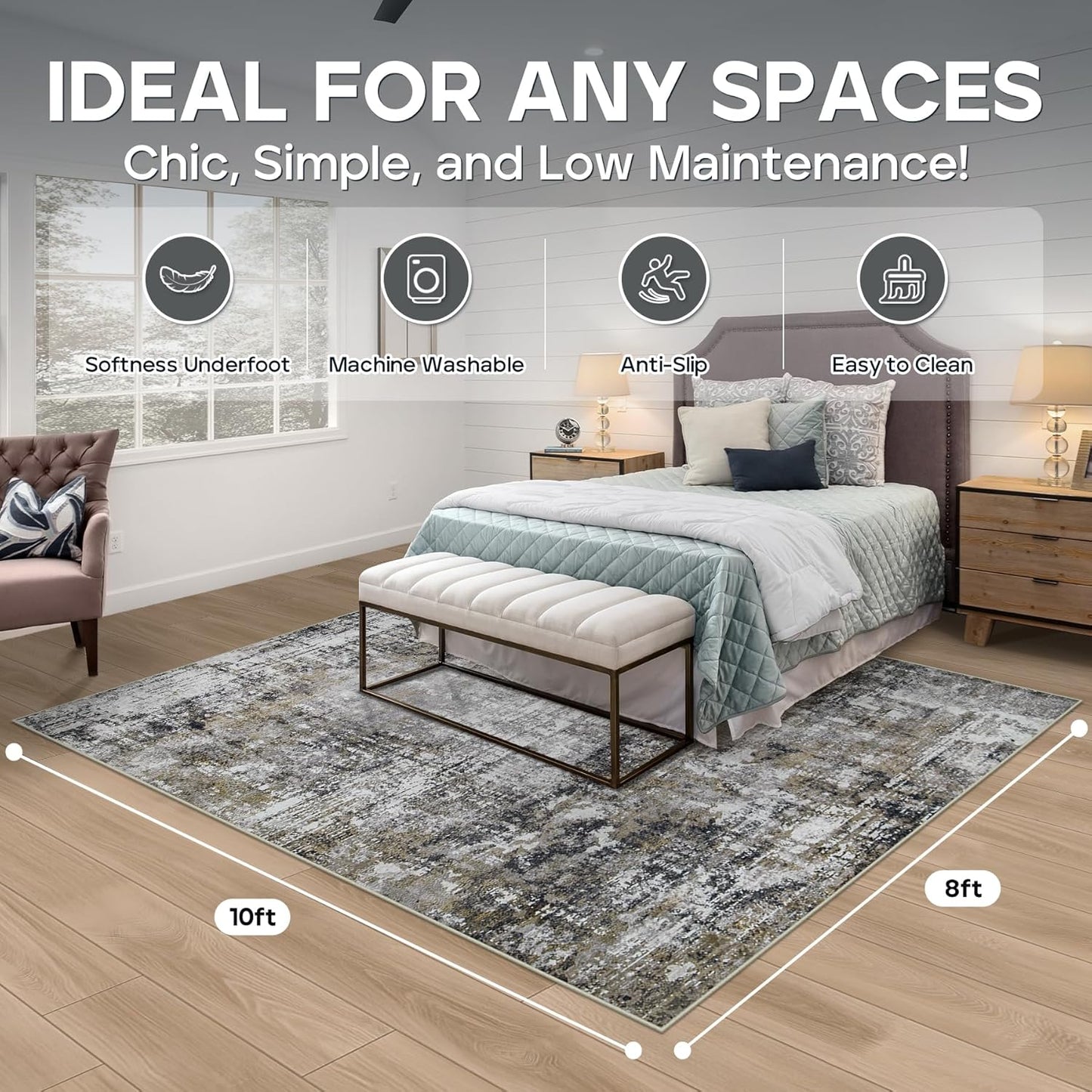 8x10 Area Rugs for Living Room Rug Washable: Modern Large Rug for Dining Room Bedroom Carpet Non Slip 8 by 10 Indoor Abstract Nursery Home Office Black Gold