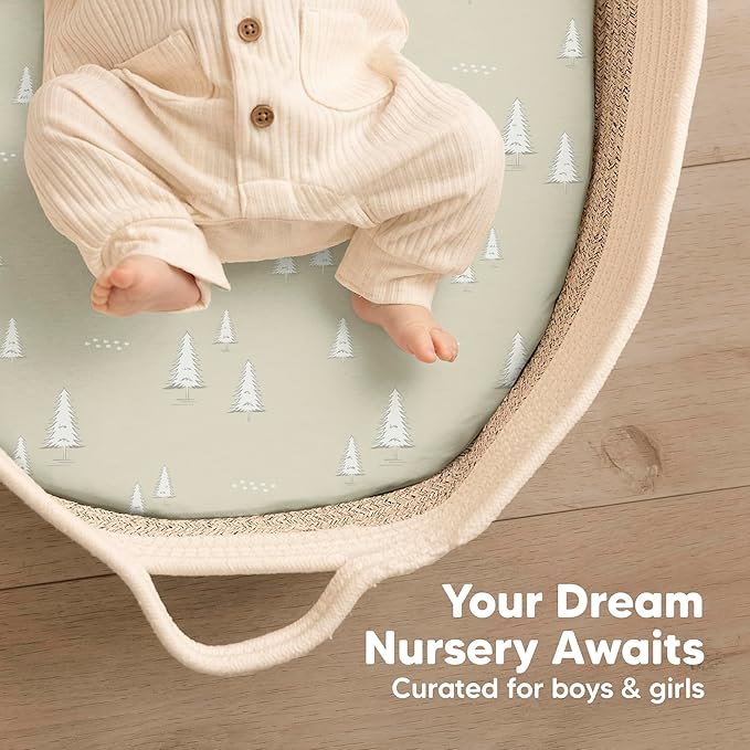 2-Pack Baby Bassinet Sheets Girl, Boy - 33x17 Viscose Derived from Bamboo Bedside Mattress Fitted Bassinet Sheets, Compatible with Halo Bassinest Swivel Sleeper, Baby Delight, Graco (Pine Grove)