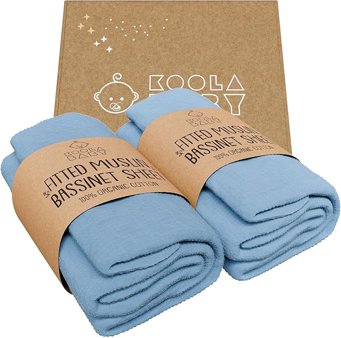 Bassinet Fitted Sheets - Compatible with SNOO Happiest Baby Oval Bassinet | 100% Organic Muslin Cotton - Light Blue + Dark Blue | 30x16 (2 Pack)