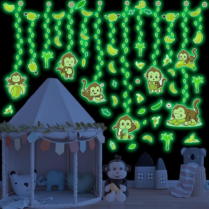 Glow in The Dark Cute Monkeys and Bananas Wall Decals, Animal Stickers for Baby Girls Boys Room, Luminous Ceiling Decor for Bedroom Playroom Nursery