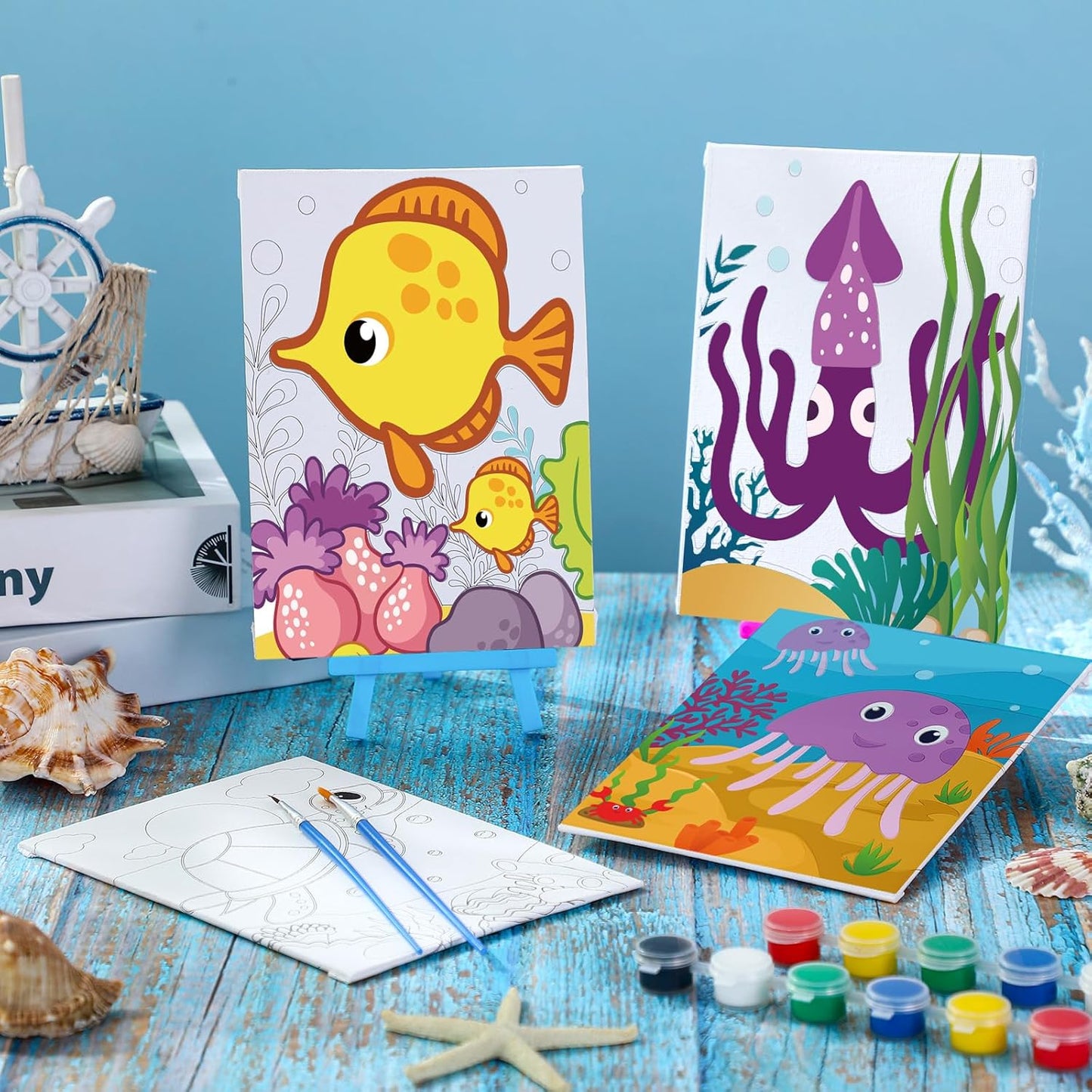 Blosssound 10 Set Pre Printed Canvas Pre Drawn Canvas Painting with Easel Kits 5" x 7" Outline Painting Panels for Beginners, DIY Craft Project, Party Favor, Home Decors(Ocean)