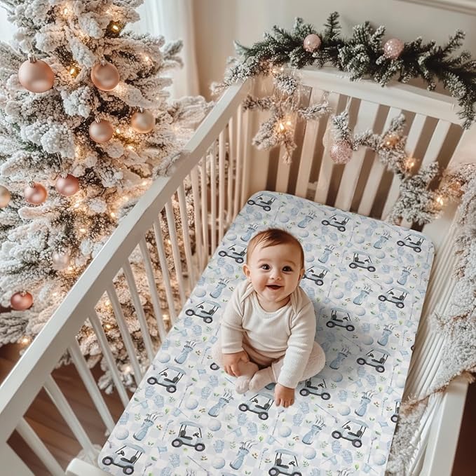 Golf Baby Crib Sheets, 28"x52", Sports, Blue, Polyester, Standard Crib