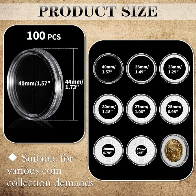 100PCS Silver Dollar Coin Holder, Clear Coin Capsules, Coin Holders for Collectors, Plastic Coin Case for Morgan Silver Dollar, Coin Protectors with Adjustable Gasket (17/20/25/27/30/33/38/40mm)