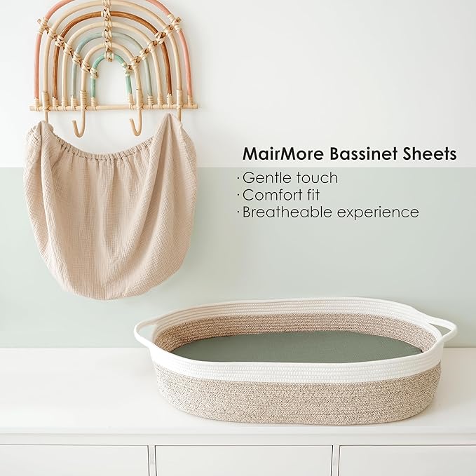 Muslin Bassinet Sheets for Babies – Soft & Breathable 100% Cotton Fitted Sheets for Oval, Rectangle, Hourglass Bassinet Mattress Pads, 2-Pack (Ivory & Pink)