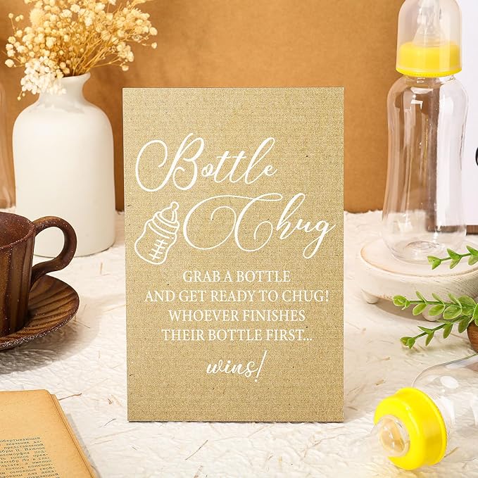 TrelaCo Cool Baby Shower Games Wooden Bottle Chug Sign Rustic Theme Gift Sets and 12 Pcs Baby Bottle Shower Favor for Kraft Games Gender Reveal (Rustic Kraft)