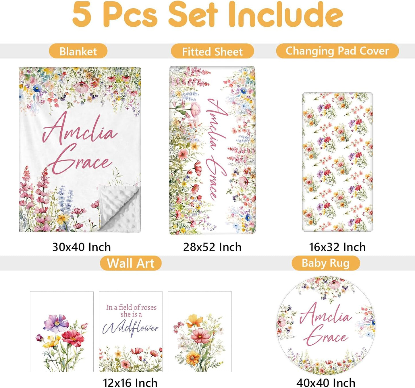 Custom Crib Bedding Set - 5 Pcs Customized Baby Crib Set with Name - Soft Double Layer Flower Nursery Baby Bedding Set for Girls Boys - Personalized for Infants Toddlers