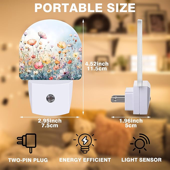 Night Lights Plug into Wall Watercolor Flowers Night Light Dusk to Dawn Smart Sensor Decorative Round Led Lamp for Bedroom Kitchen Hallway Nightlight for Women Men
