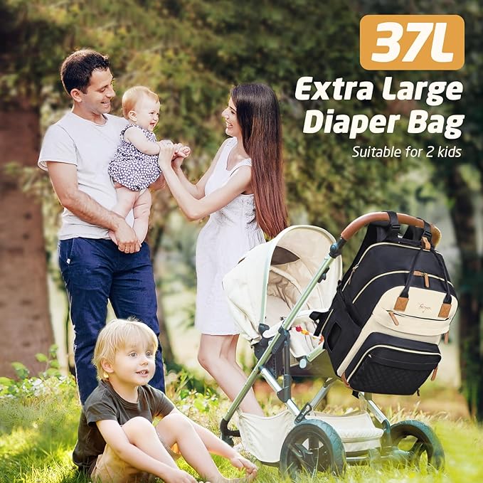 Diaper Bag Backpack - Extra Large Diaper Bag for 2 Kids Twin, Travel Baby Bags for Mom Dad 25-37L Expandable with Changing Pad Earphone Hole, Apricot Black
