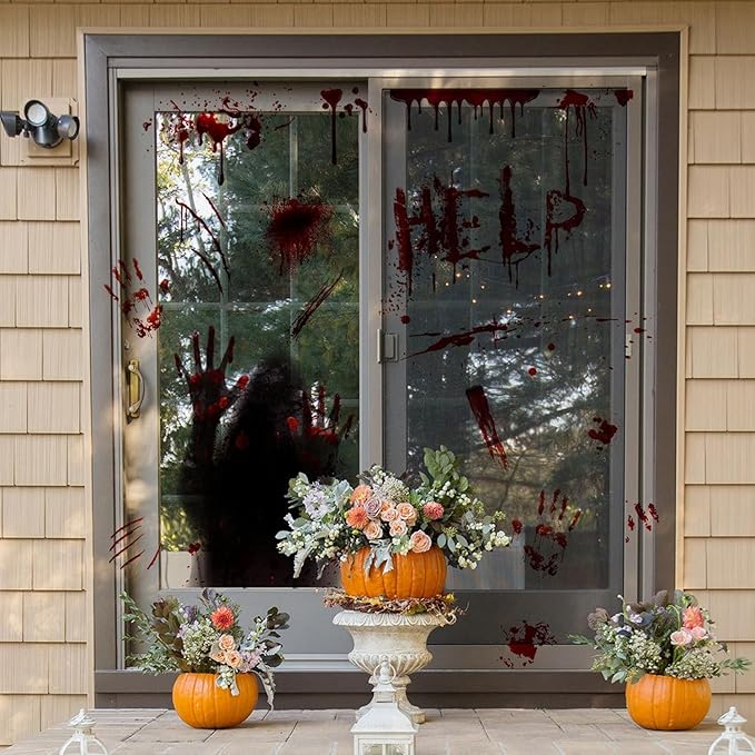 2 Sheets Halloween Window Clings Scary Ghost Window Stickers Decals Double-Sided DIY Glass Stickers Bloody Handprints Female Ghost Shadow Designs Spooky Halloween Party Decor Supplies
