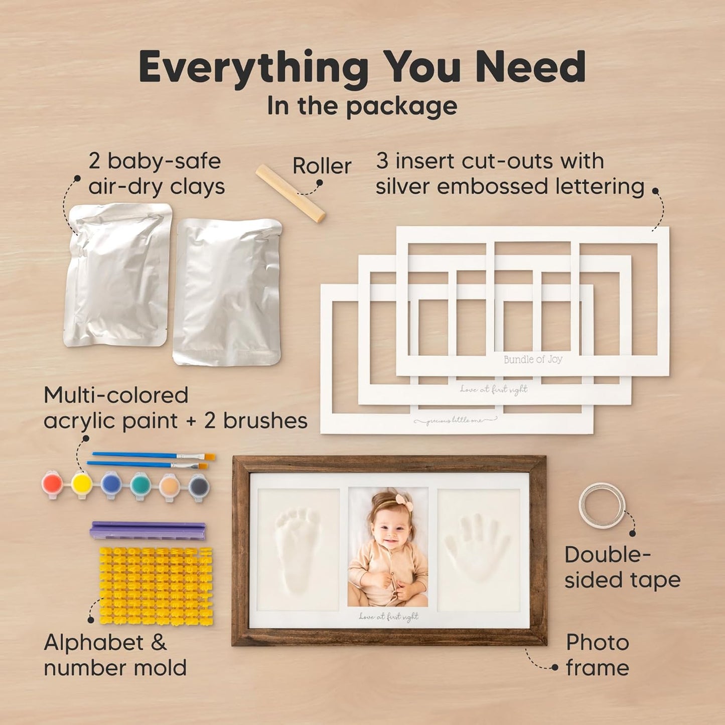 Baby Hand and Footprint Kit - Clay Handprint Keepsake Frame, Newborn Nursery Picture Frame, Personalized New Mom Gifts for Baby Shower & Registry (Medium Oak)