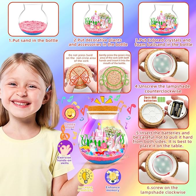 Uni-Corn Terrarium Kit with Music Boxes, Uni-Corn Toys for Girls Ages 4 5 6 7 8 9 10 11 12 Years Old, Arts and Crafts for Kids with Music LED Lights Up & Remote Control
