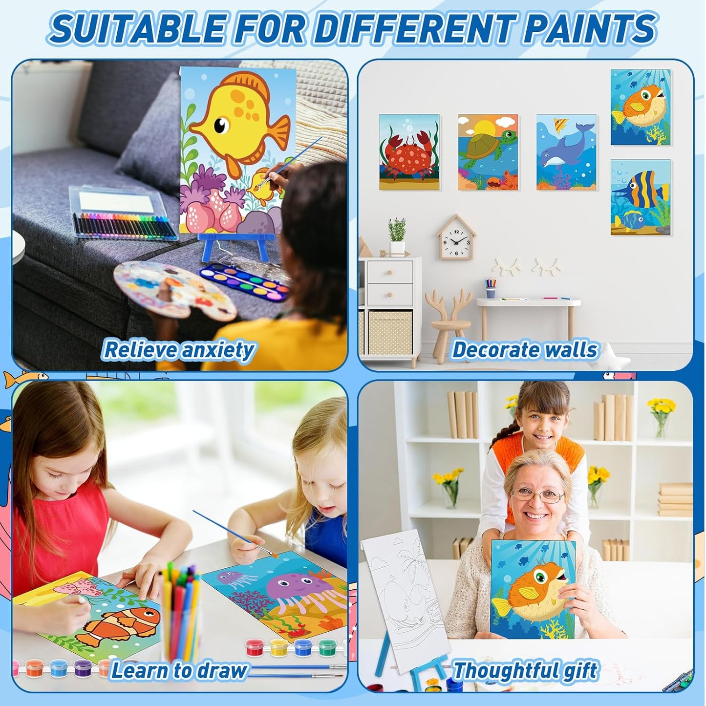 Blosssound 10 Set Pre Printed Canvas Pre Drawn Canvas Painting with Easel Kits 5" x 7" Outline Painting Panels for Beginners, DIY Craft Project, Party Favor, Home Decors(Ocean)