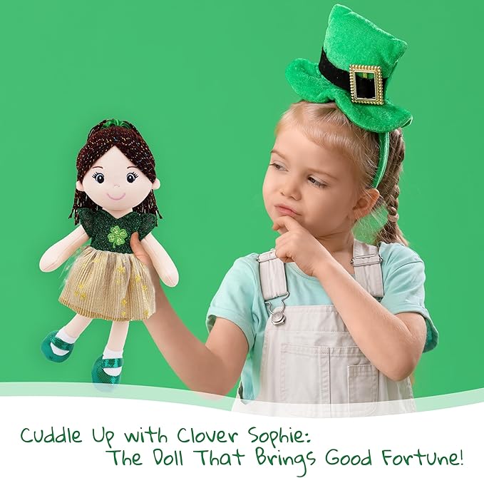June Garden 14" Snuggle Cuties Clover Sophie - Saint Patrick's Day Soft Plush Doll - Huggable Irish Themed Rag Doll for Girls - Green Outfit