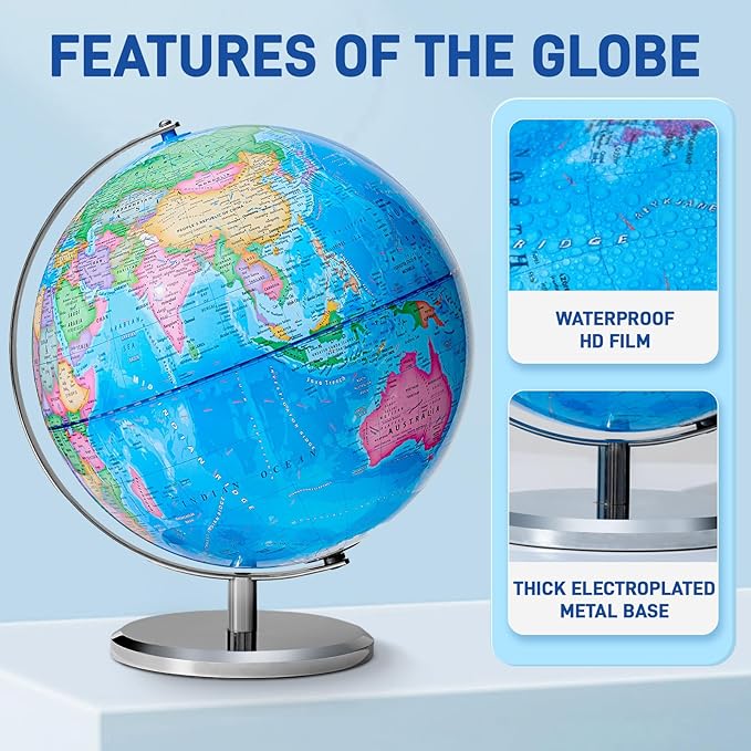 13" World Globe for Kids, Classroom Globe for Education & Decoration with Stable Heavy Metal Base, HD Waterproof Printed & Rewritable Surface