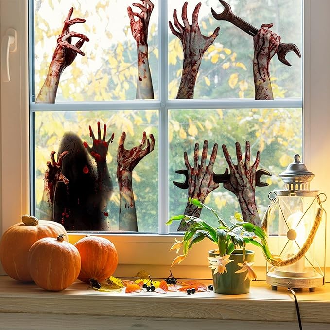 2 Sheets Halloween Window Clings for Glass Window Stickers Double-Side Ghost Window Decals Bloody Arm Ghost Shadow Designs DIY Decoration for Halloween Party Home Office Shop Glass Decor Supplies