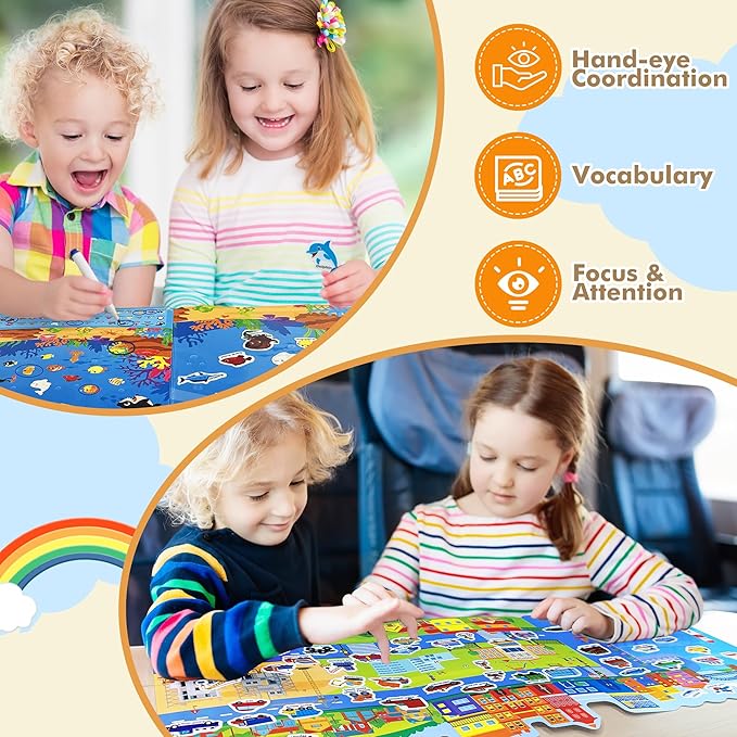 Jelly Stiicker Books Set for Kids Travel Essentials, Reusable Sticker Books for Toddler, Restickable Sticker Book Tdddler Travel Toys for Kids, Safari, Farm, Ocean, Vehicles