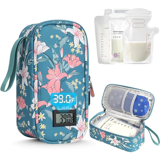 YOUSHARES Breastmilk Cooler Travel Bag with Digital Thermometer, Small Insulated Baby Milk Storage with 2 Ice Packs, Daycare and On-the-Go Moms （Lily）