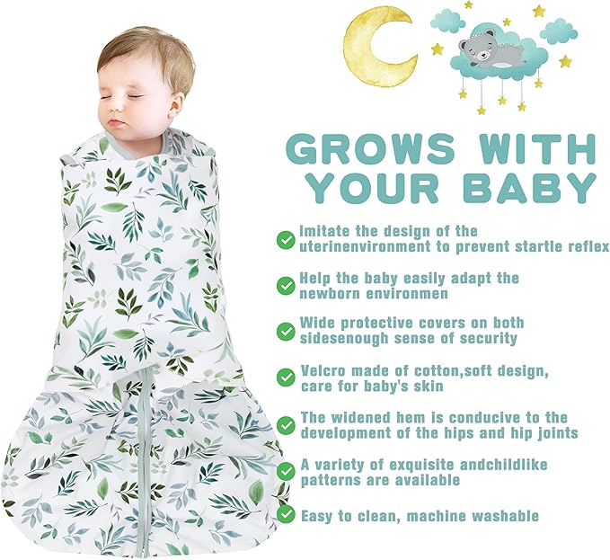Newborn Sleep Sack Baby Swaddle,Swaddle me 0-3 Month,3-Way Adjustable Wearable Blanket,100% Rayon Cotton Swaddling Sleeping Bag，TOG 0.5 (Leaf, 0-3 Months)