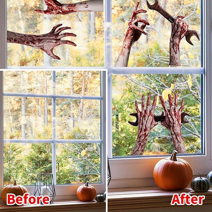 2 Sheets Halloween Window Clings for Glass Window Stickers Double-Side Ghost Window Decals Bloody Arm Ghost Shadow Designs DIY Decoration for Halloween Party Home Office Shop Glass Decor Supplies