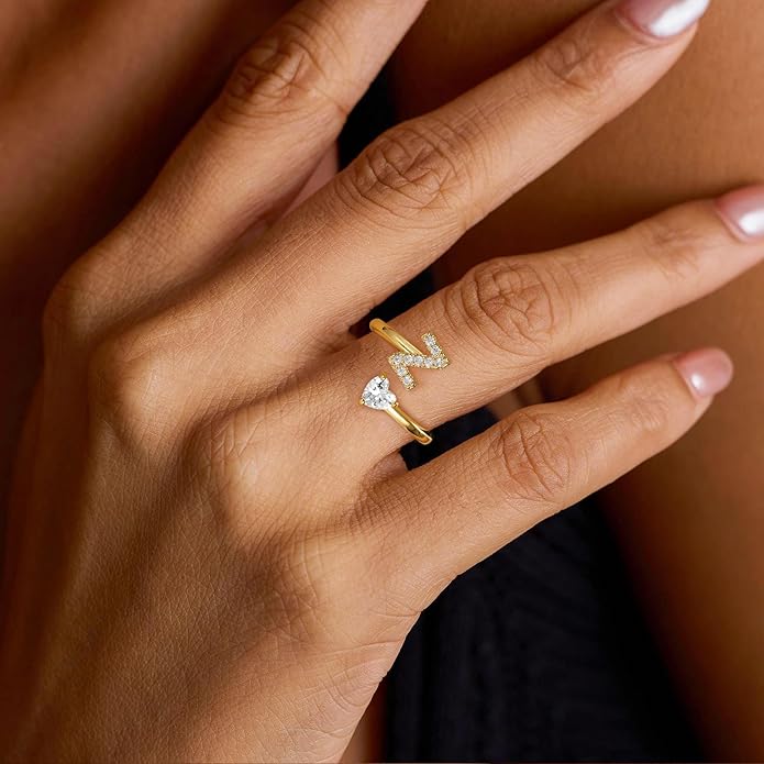 Initial Gold Rings for Girls Women - Dainty 14K Gold Plated Adjustable Letter A-Z Rings Teen Girls Gifts Trendy Stuff Heart CZ Initial Ring Teens Birthday Gift for Girls Non Tarnish