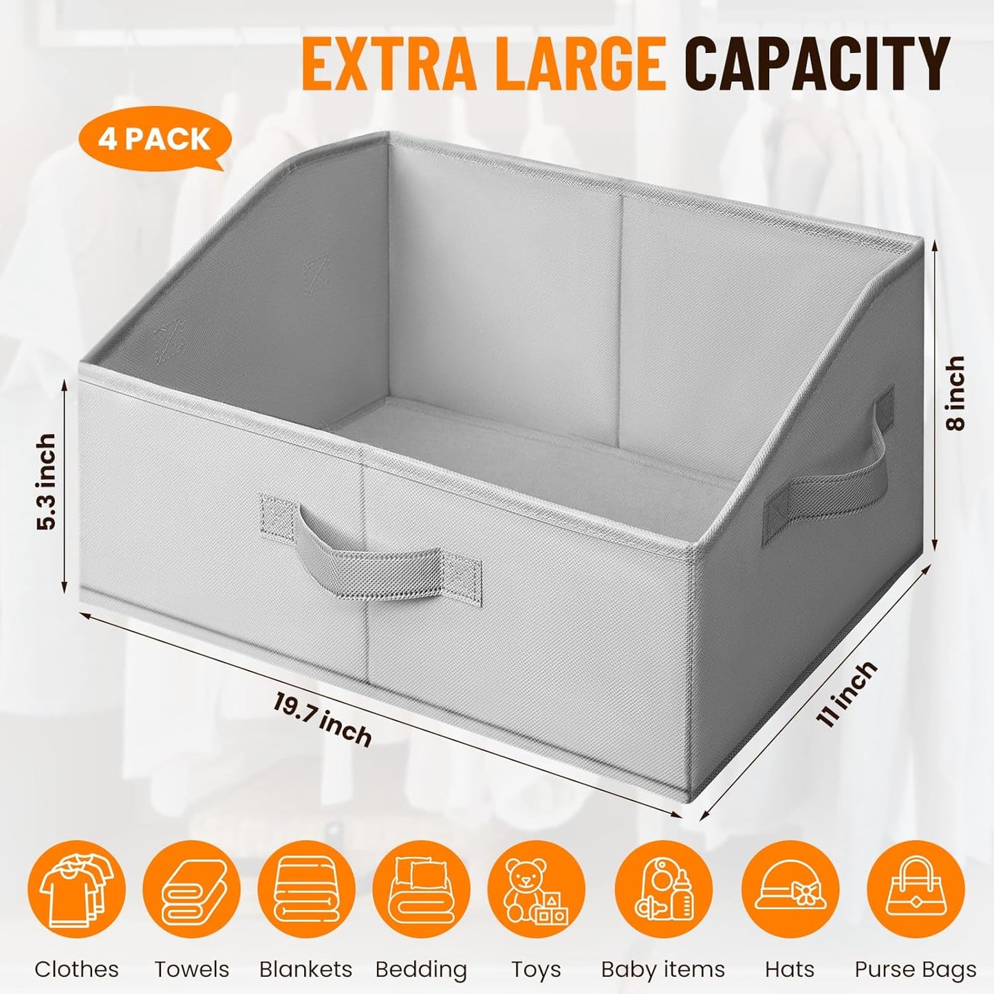 Extra Large Closet Organizers Bins 4 Pack - Blanket Basket for Organizing/Home Clothes Storage Bins for Jeans/Toy Organizers for Nursery/Wardrobe Shelf Closet Organization for Purse Hats Towel