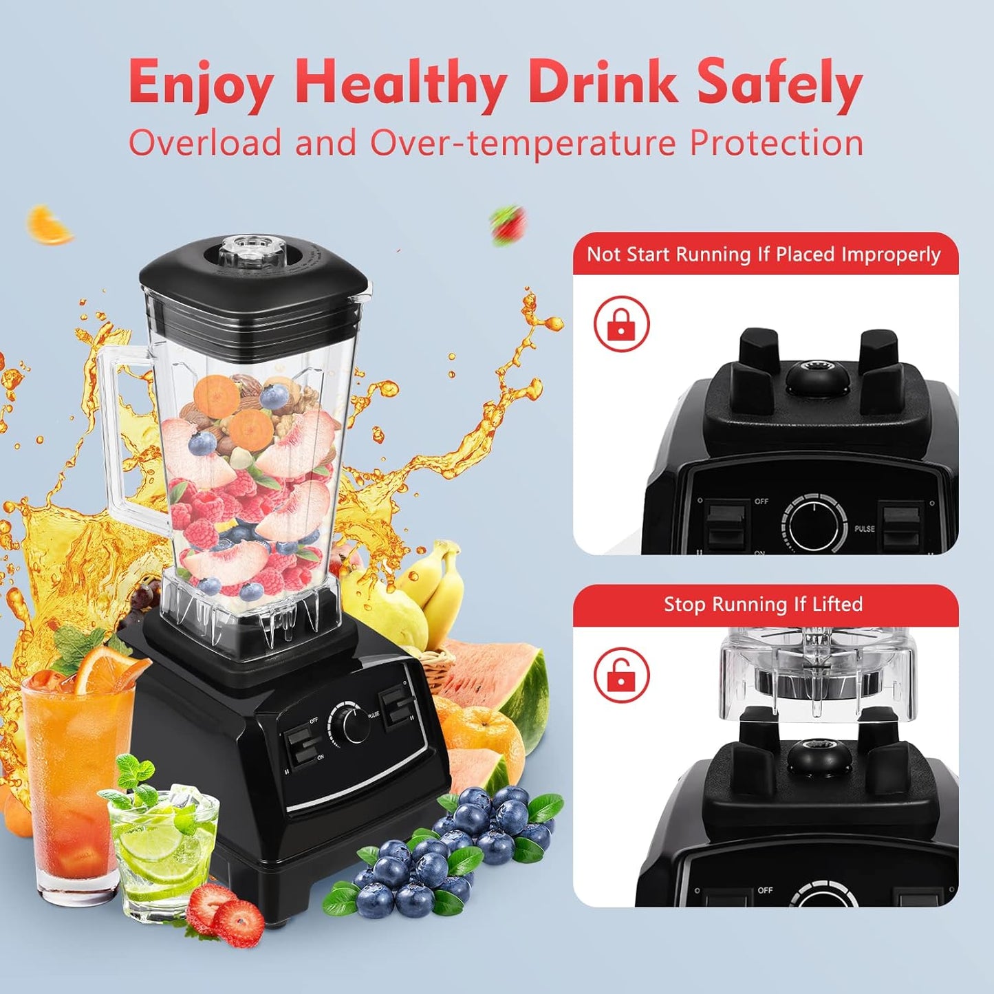 Blender 2L Automatic Smoothie Mixer Baby Food Blender 68oz Fruit Vegetables Juicer 2200W High-Speed Blender Tabletop Soundproof Milkshake Maker (Black)