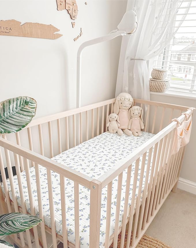 Crib Sheets for Baby Boy Girl 2 Pack, Fitted Crib Mattress Sheet 28" x 52", Muslin Toddler Bedding with Neutral Style, Nursery Bedding Essentials (Bluebell Bloom & Light Blue)