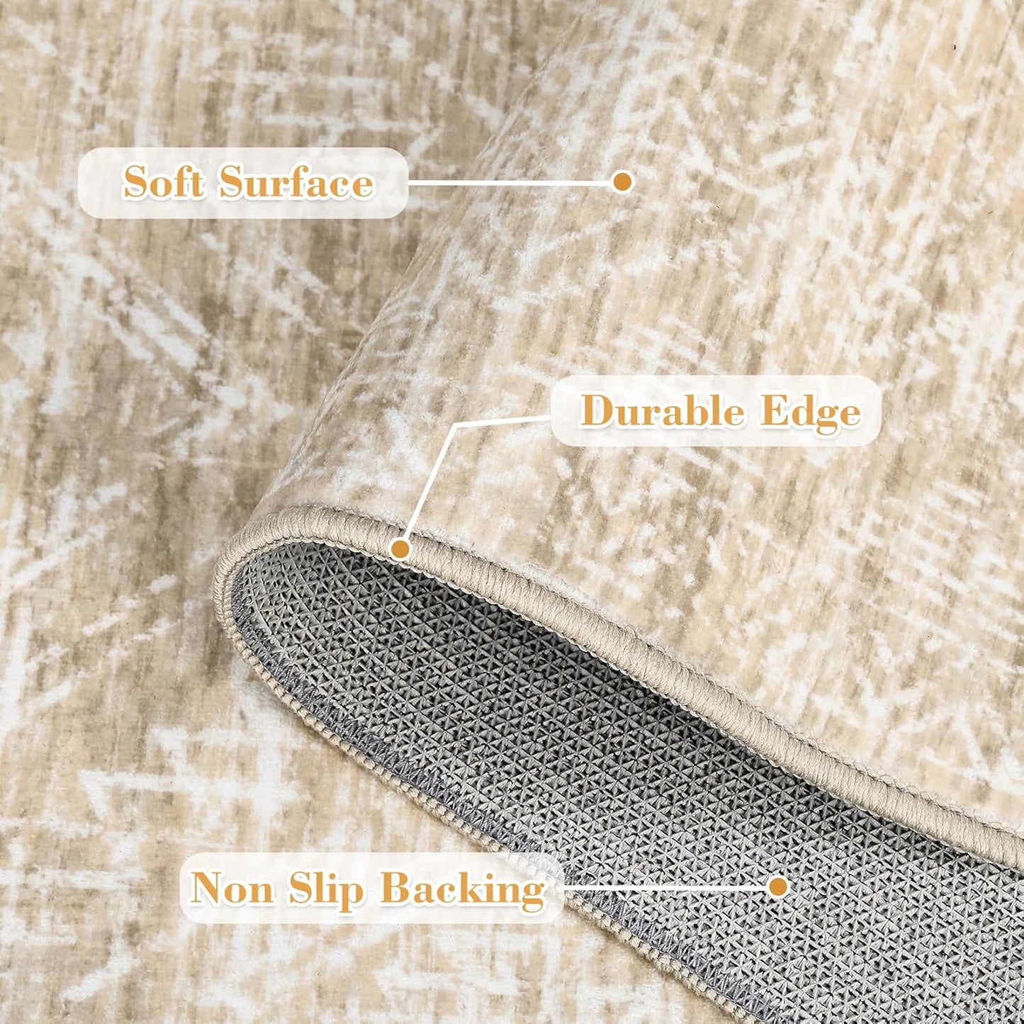 COZYLOOM 4x6 Rug Machine Washable Foldable Printed Area Rug Modern Distressed with Non Slip Design Stain Resistant Non Shedding Pet Friendly Carpet Perfect for Home Decor, Faux Wool, Beige